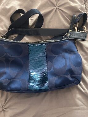 Coach Navy Signature Crossbody with Blue Sequin Stripe